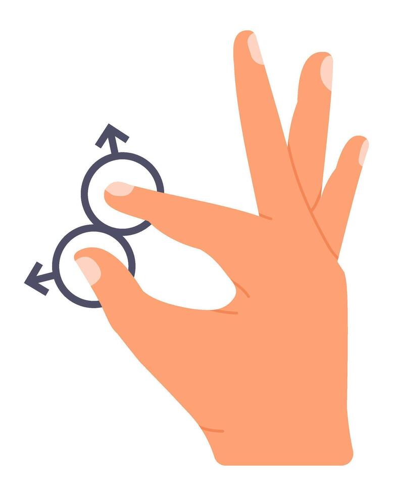 Caucasian hand holding interlocking male and female gender symbols, representing bigender identity with its dual experiences of gender vector