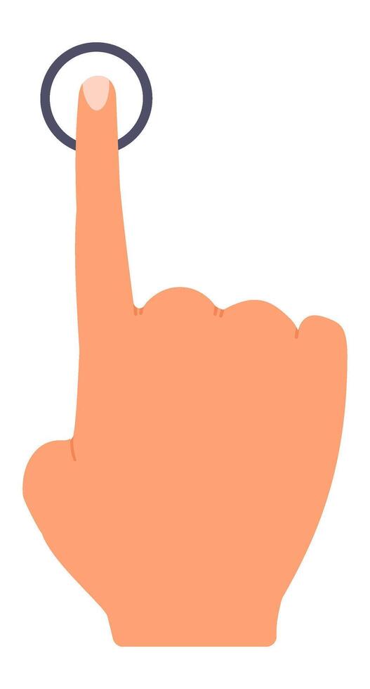 Cartoon hand using index finger to touch a digital button, activating a virtual interface, symbolizing interaction with technology and user experience vector