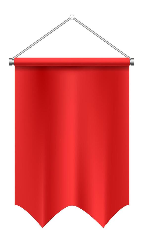 Red rectangular pennant with a wavy bottom edge hanging on a metal crossbar fixed to a wall with screws, waving in the wind on a white background vector
