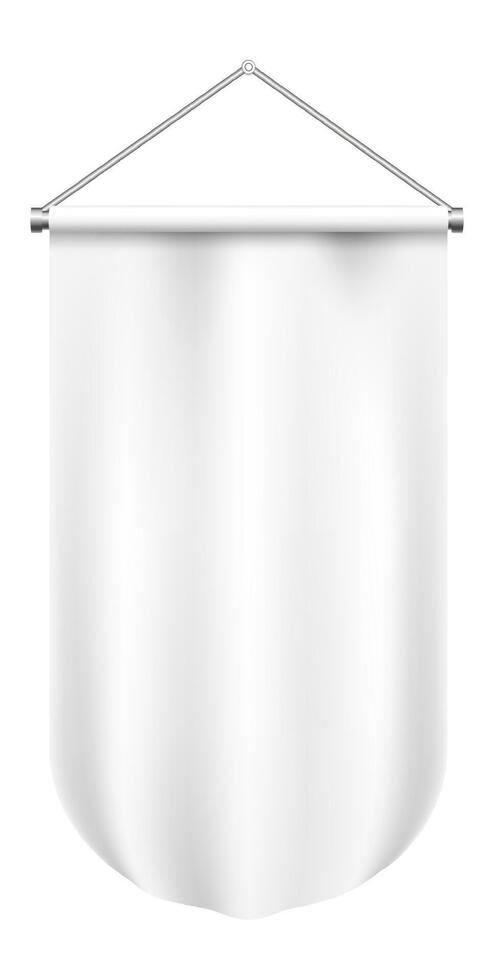 Realistic white pennant hanging from a metal bar with rings, offering a sophisticated display for showcasing announcements, logos, or creative designs in various settings vector