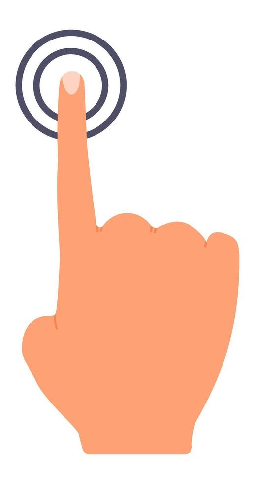 Cartoon hand with an extended index finger, pointing at a digital interface, representing interaction with touchscreen technology and the modern user experience in digital devices vector