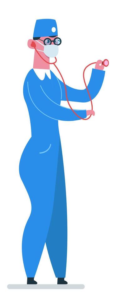 Medical practitioner wearing blue uniform, glasses and mask, holding stethoscope, standing in profile, ready to examine patient, healthcare concept, full length portrait on white background vector