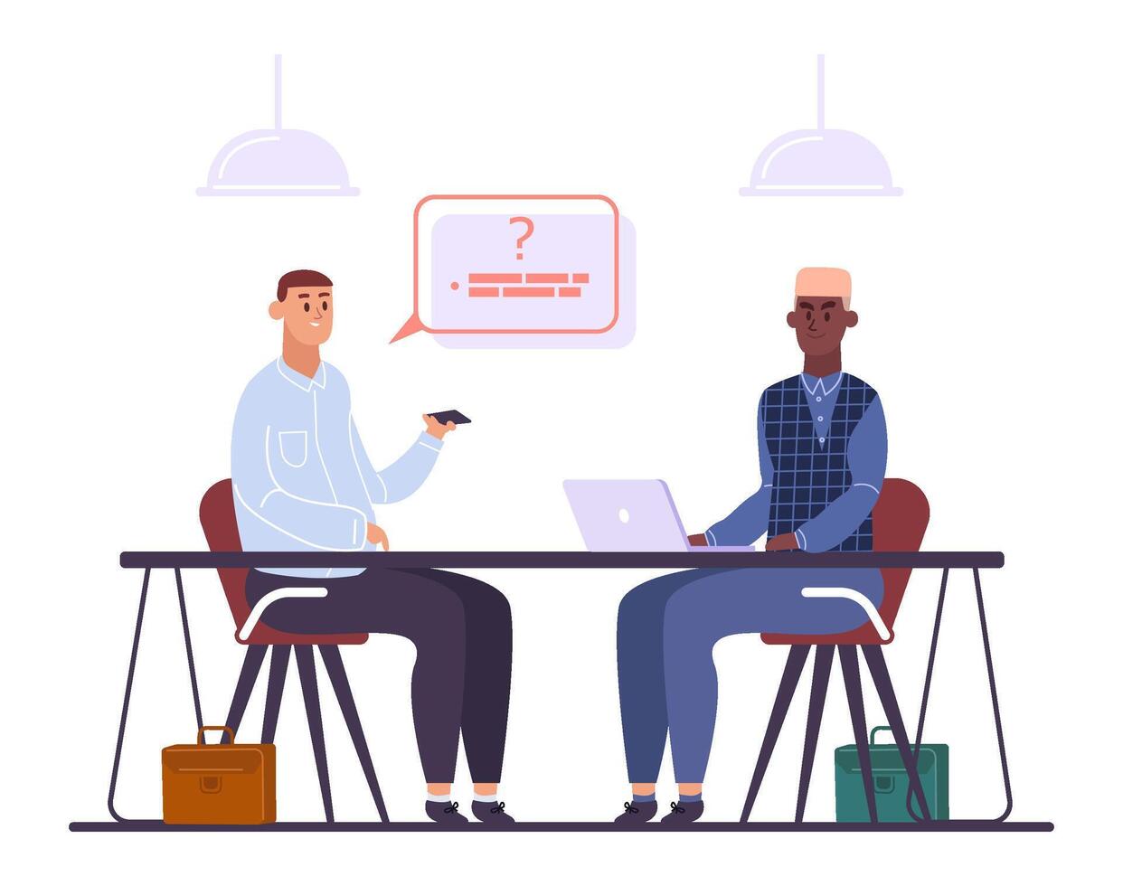 Two businessmen sitting at a table engage in a job interview, one asking questions while the other types on a laptop, facilitating a professional conversation about potential employment vector