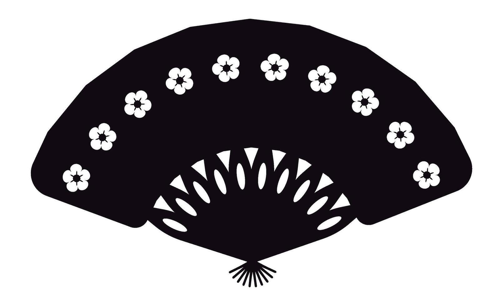 Handheld fan featuring elegant white floral decorations against a striking black background, embodying cultural heritage and timeless beauty in traditional design vector