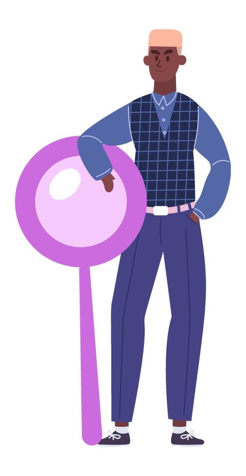 Young black businessman with blond hair is standing and leaning on a big magnifying glass, representing the concept of market research and business analysis vector