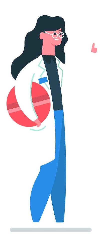 Medical research professional showing positive results with a pie chart and giving thumbs up, wearing lab coat and glasses, standing on a white background vector