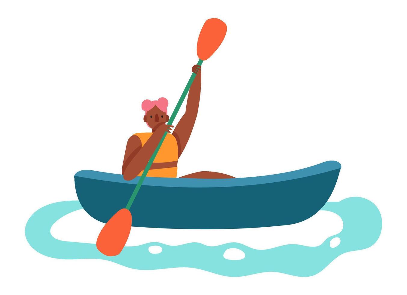 Young woman with pink hair paddles a blue canoe on a beautiful day, enjoying the tranquility of nature and engaging in recreational kayaking vector