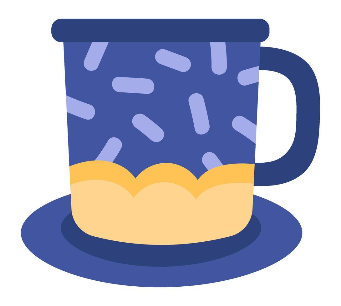 Blue decorated mug featuring yellow accents and a matching handle, resting gracefully on a saucer, set against a clean white background, perfect for enjoying warm beverages vector