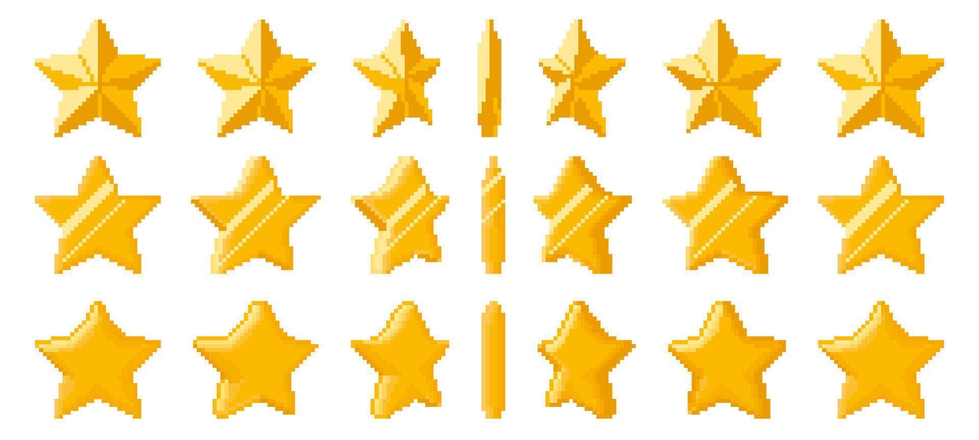 Pixel art golden star animation. Pixelated shiny stars rotation, 8bit retro game gold award in various five pointed star shapes. Animated spin of rating icons set vector
