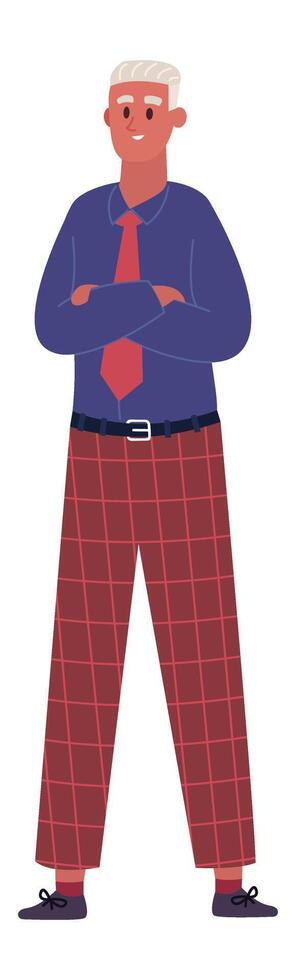 Full length portrait of a smiling businessman standing with arms crossed, exuding confidence and professionalism in his checkered trousers, showcasing a positive and approachable demeanor vector