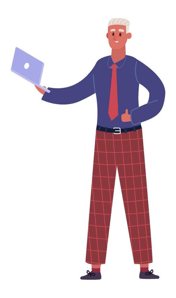 Smiling businessman holding a laptop in one hand while giving a thumbs up with the other, exuding confidence and positivity in a full body portrait against a white background vector