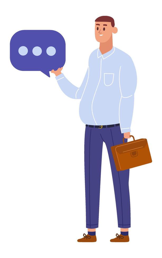 Smiling businessman holding a speech bubble and briefcase is communicating a message, promoting effective communication and business networking vector