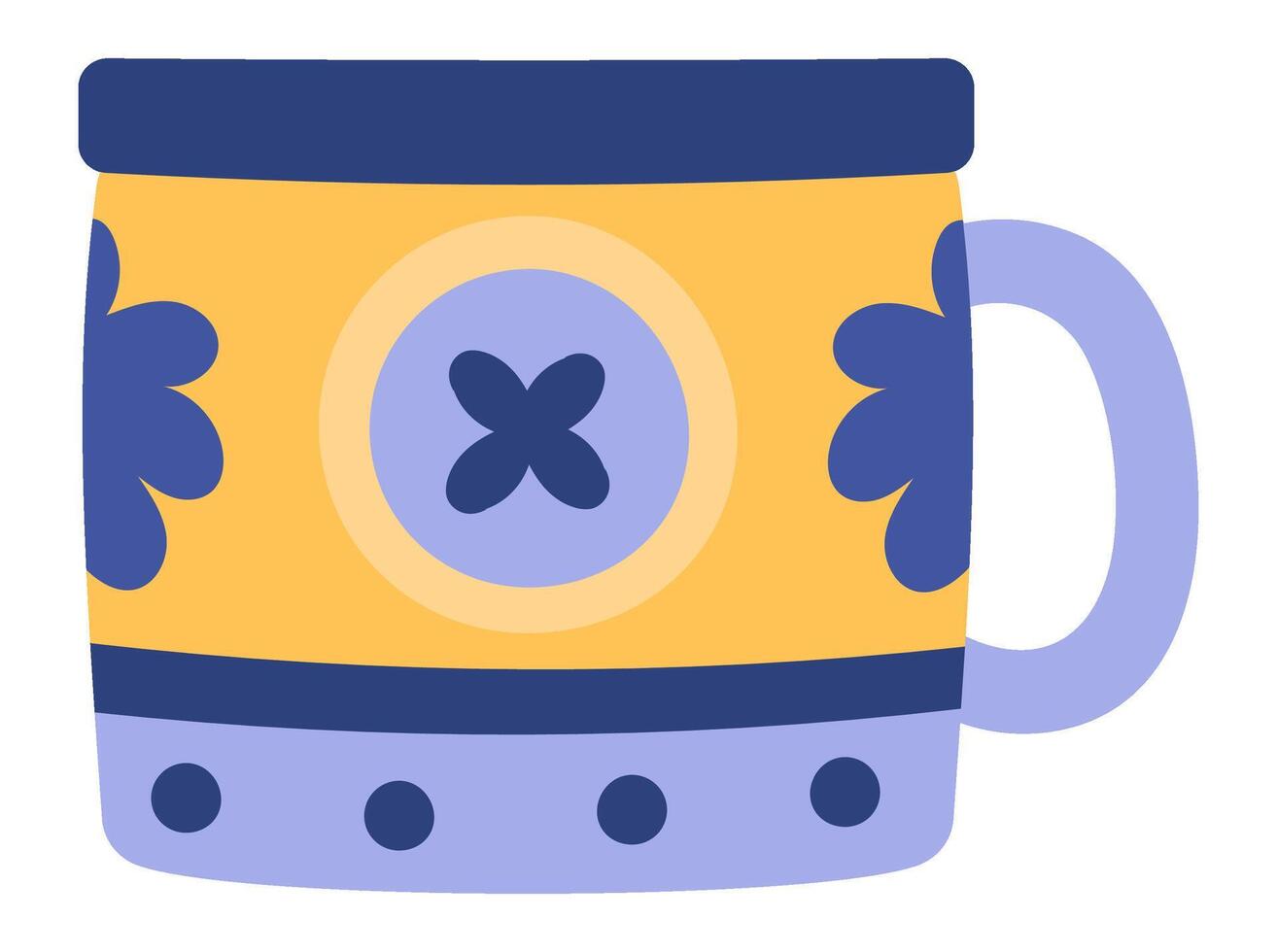 Colorful mug featuring a vibrant yellow body adorned with blue accents and a stylized floral pattern, ideal for savoring warm beverages like coffee or tea in a cozy setting vector