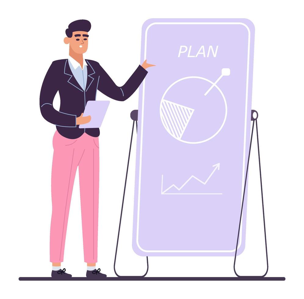 Businessman is presenting a plan using a whiteboard with a pie chart and a growth graph, holding a tablet in his hand and pointing at the board vector