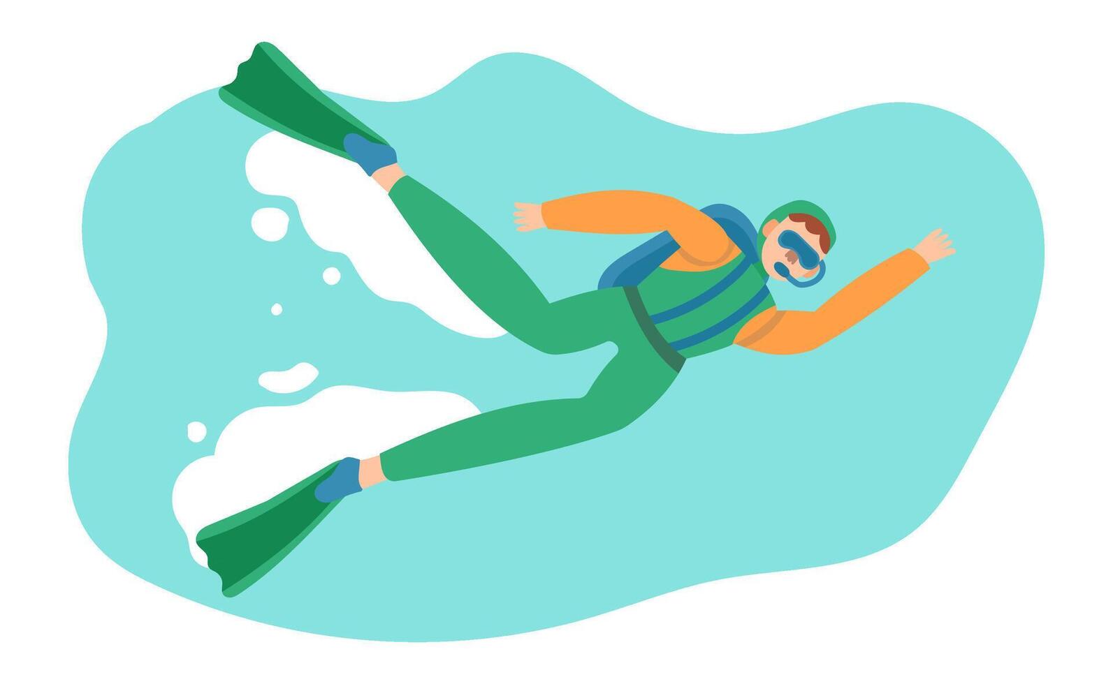 Diver wearing a diving suit, fins, goggles and an oxygen tank is swimming underwater, exploring the marine life and enjoying the beauty of the ocean vector
