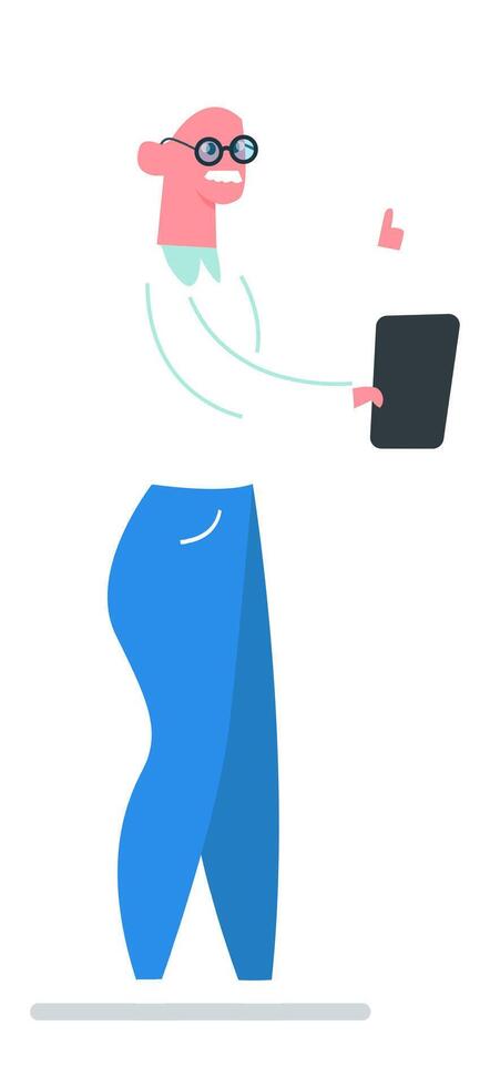 Full length portrait of an elderly businessman holding a tablet in one hand and making a thumbs up gesture with the other, expressing approval and satisfaction with modern technology vector