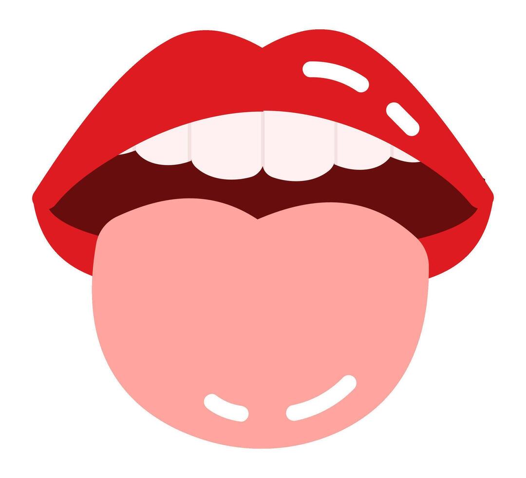 Cartoon illustration featuring vibrant red female lips, playfully showing a tongue and bright white teeth, capturing themes of taste, oral hygiene, and lively communication vector