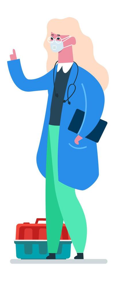 Veterinarian wearing a face mask and holding a tablet stands next to a pet carrier, pointing upward while offering valuable advice on pet care and health management vector