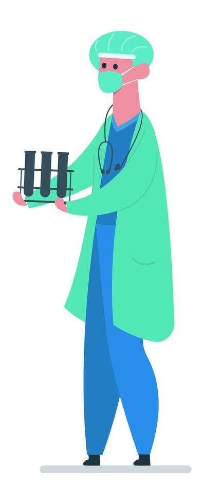 Doctor wearing a mask and hair net, holding a rack filled with test tubes, exemplifying a healthcare professional engaged in medical research and scientific analysis vector