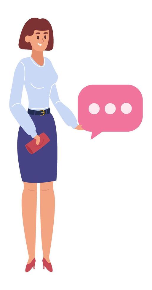 Smiling businesswoman holding a pink speech bubble, sharing her thoughts and engaging in discussions about innovative business ideas and strategies in a professional setting vector