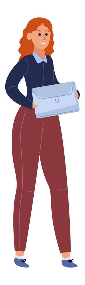 Young professional woman with red hair and elegant clothes is posing with laptop case, showcasing confidence and competence in business world vector