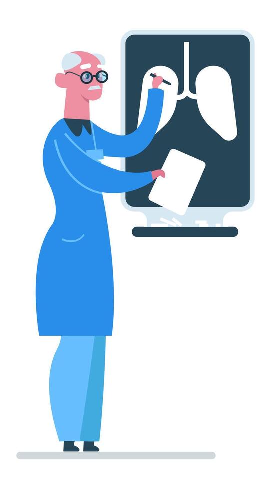 Doctor pointing at lung radiography with a pen while holding medical records, emphasizing healthcare and medical examination concepts in a clinical setting vector