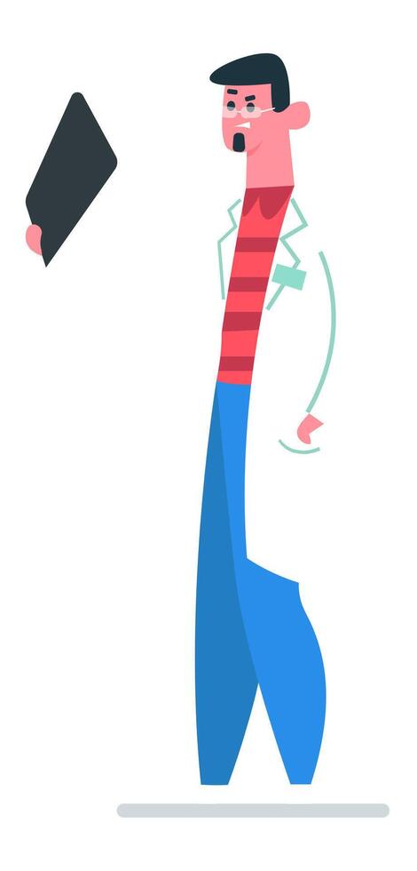 Cartoon doctor wearing a lab coat and holding a clipboard, sharing positive news about medical results, representing healthcare and the joy of successful patient outcomes vector