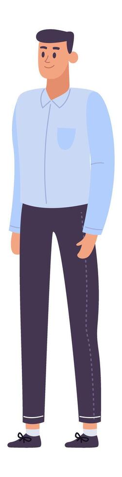 Full length portrait of a young man standing and smiling, wearing a light blue shirt and dark casual pants, representing modern and relaxed style vector