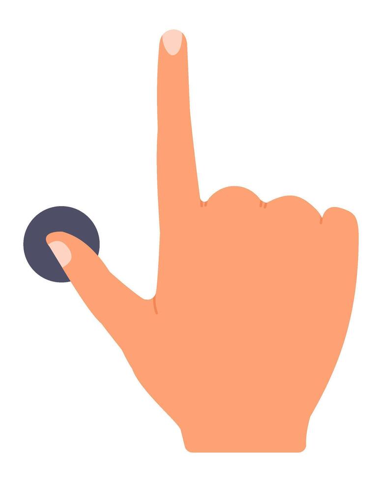 Cartoon hand utilizing the index finger to touch or click a round button, with the thumb positioned underneath, isolated against a clean white background vector