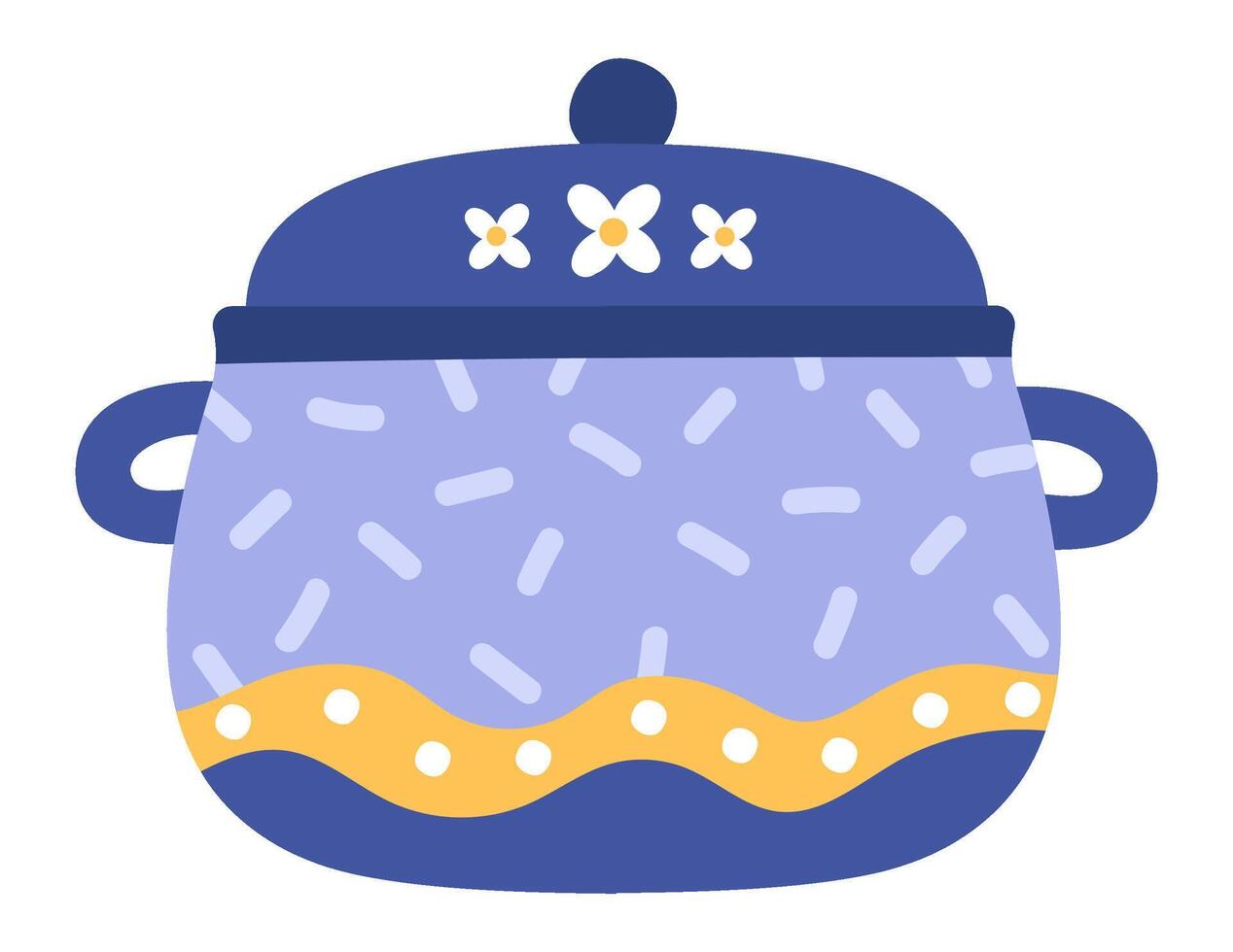 Crock Pot with lid and two handles, decorated with small white flowers on the lid, small white lines on the body, and a wavy yellow stripe at the bottom, isolated on white background vector