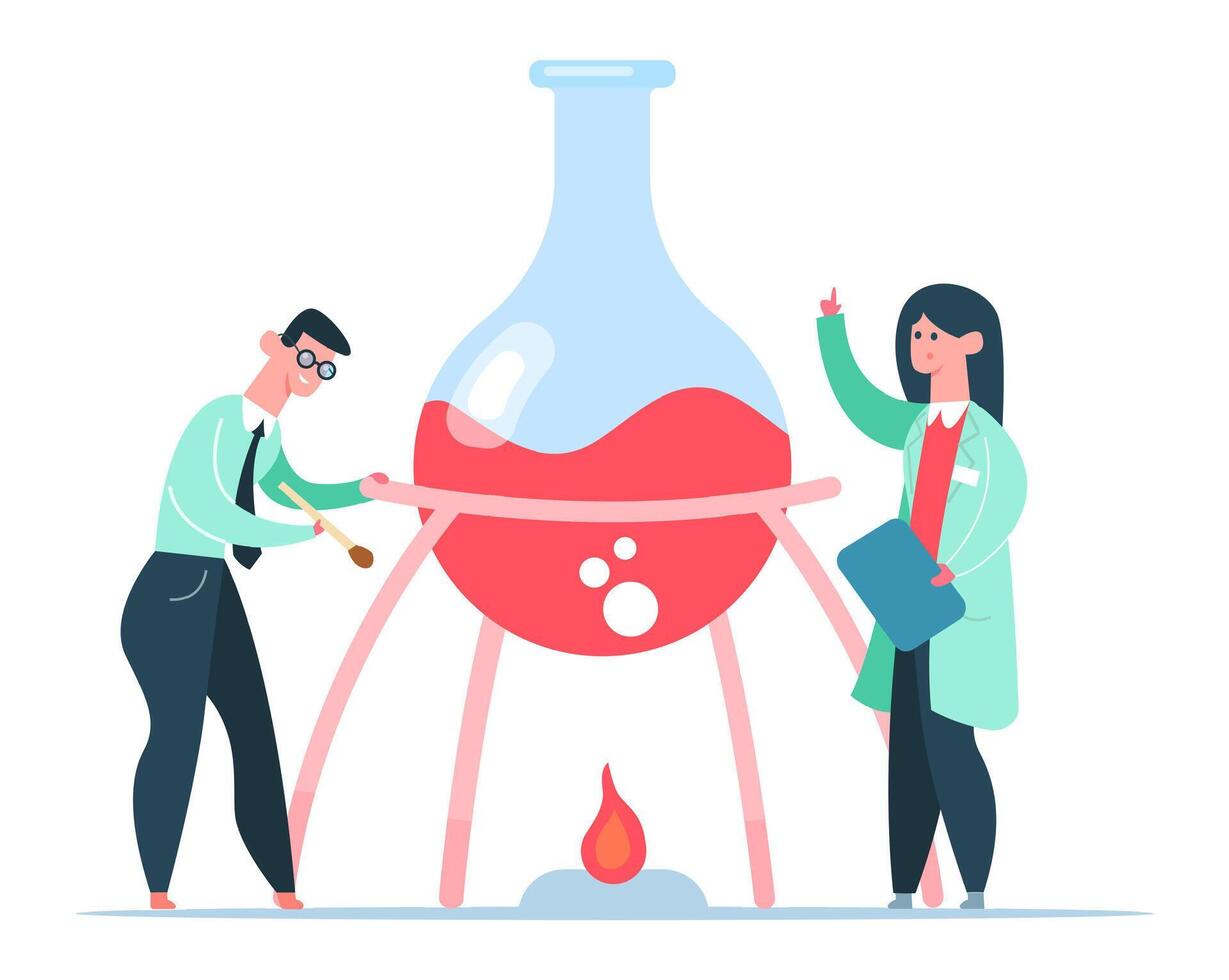 Two scientists performing a chemical experiment with fire and a round bottom flask containing a red liquid, the woman holding a clipboard and pointing up, the man lighting the bunsen burner vector