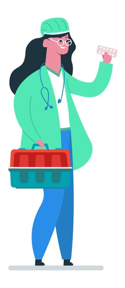 Veterinarian carrying a pet carrier while holding a pack of medicine, smiling joyfully and providing essential healthcare for animals, showcasing dedication to pet wellness vector