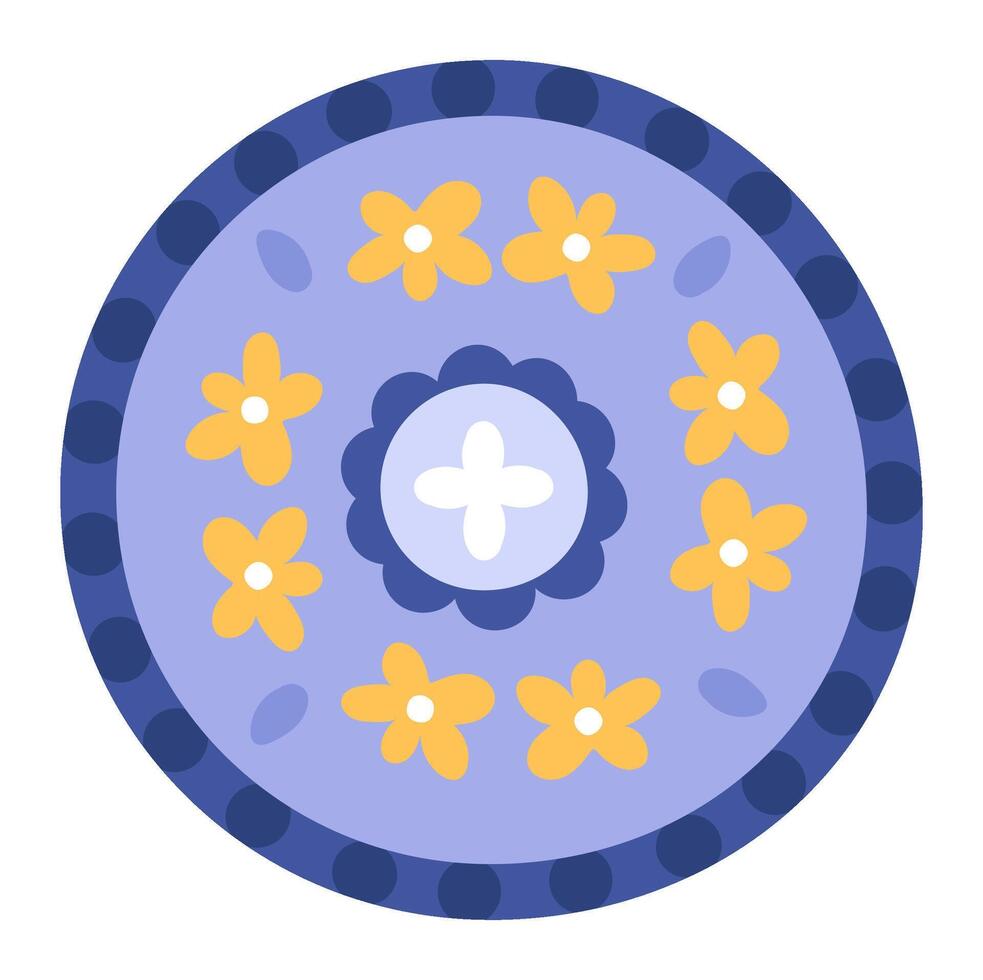 Round decorative plate featuring a floral pattern of yellow flowers and a central motif on a light purple background, accented by a dark purple dotted border vector