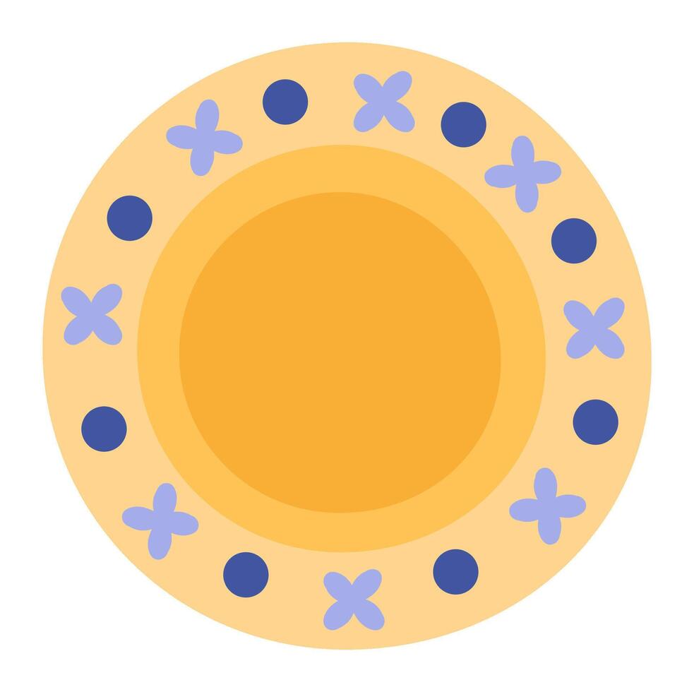 Round empty plate with floral decoration is ready for serving food, top view of a yellow plate with purple flowers and blue dots on white background vector