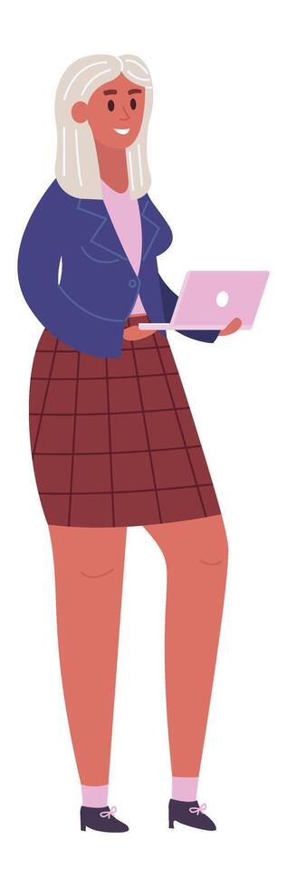 Smiling businesswoman with long white hair, wearing a blue jacket and a long checkered skirt, is holding a pink laptop while standing still and looking away vector