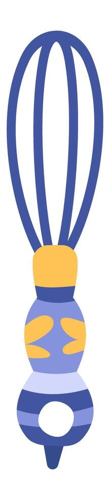 Kitchen whisk featuring thin blue wires and an ergonomic handle with yellow accents, expertly mixing ingredients for a delicious cake or dessert, enhancing culinary creations vector