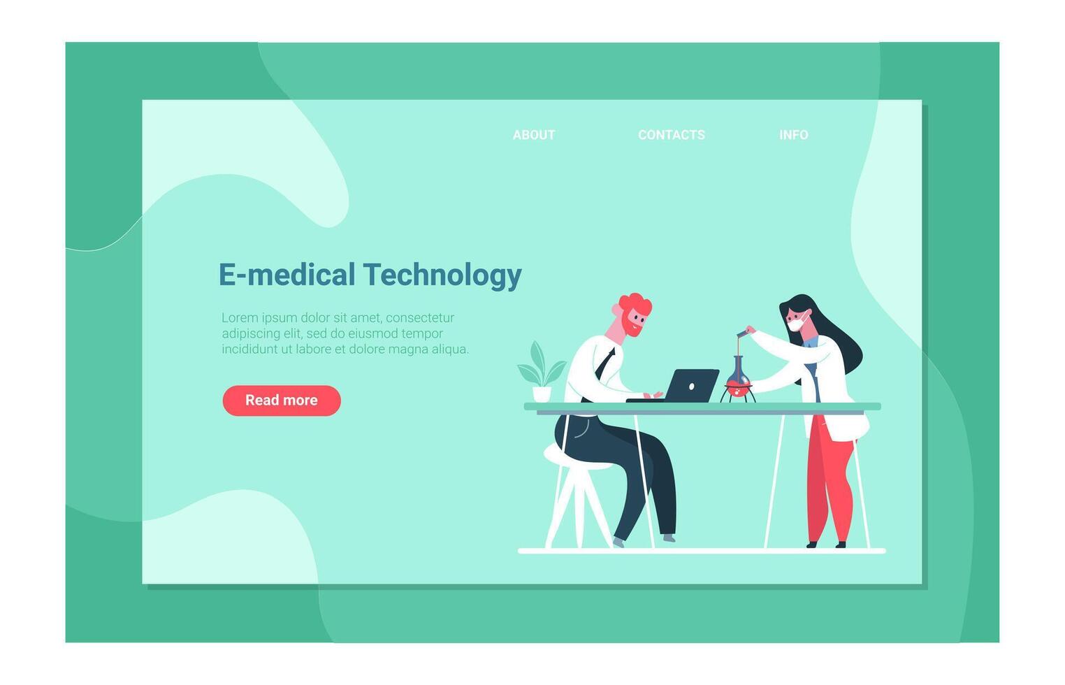 Medical researchers collaborating in a laboratory, developing innovative e medical technology while utilizing a laptop and conducting a complex chemical experiment for advancements in healthcare vector