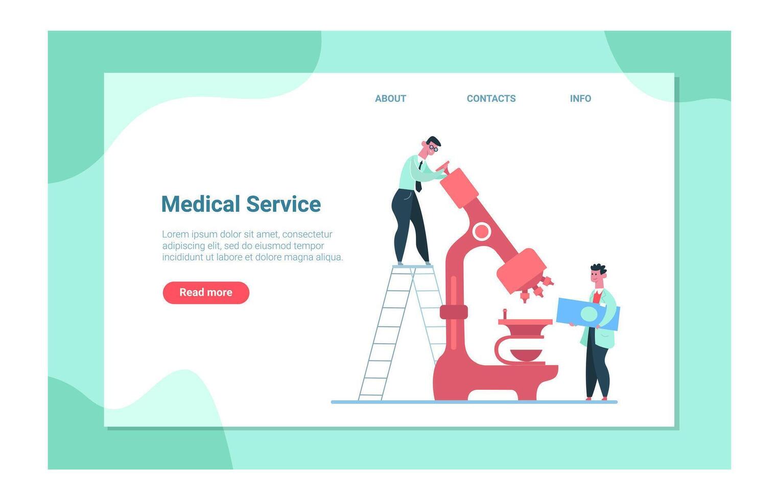 Medical service landing page featuring scientists working with microscopes, conducting laboratory research, and engaging in healthcare and pharmaceutical experiments vector