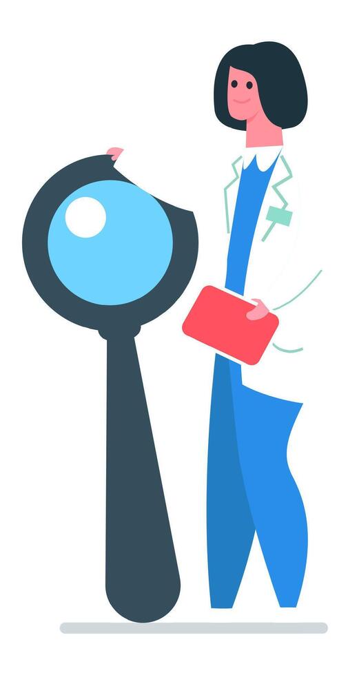 Female doctor holding a giant magnifying glass and a folder, searching and studying, medical research concept, healthcare and analysis, illustration vector