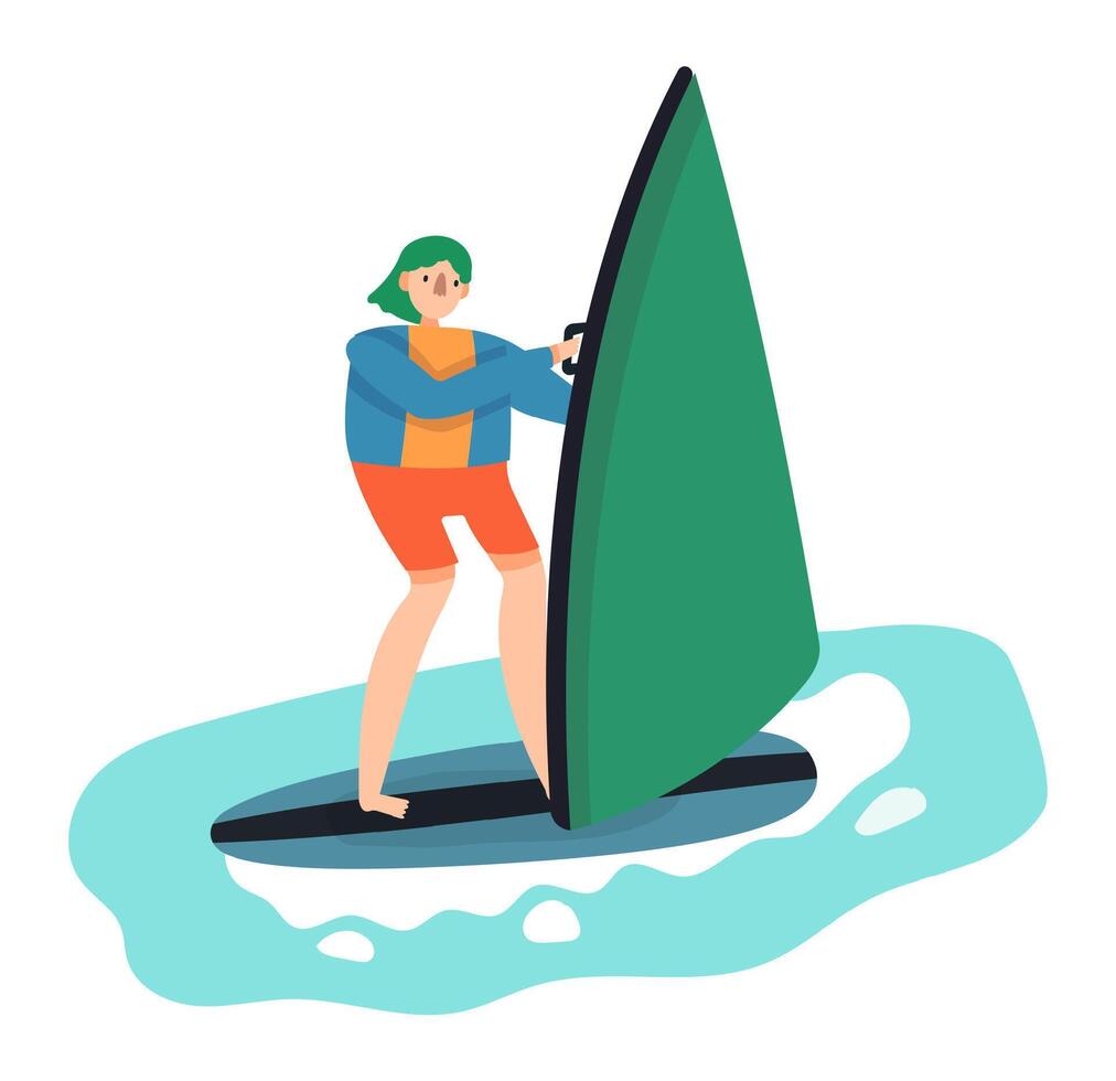 Cartoon illustration of a young windsurfer holding the sail with his hands, standing on a board in the sea, practicing extreme sports and enjoying summer vacation vector