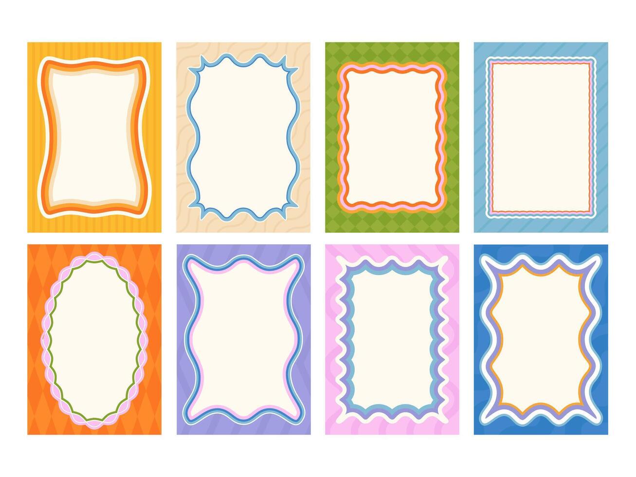Wavy border patterned frames. Retro frame with curved wavy edges and geometric pattern. Decorative templates for invitations, scrapbooking and photo framing set vector