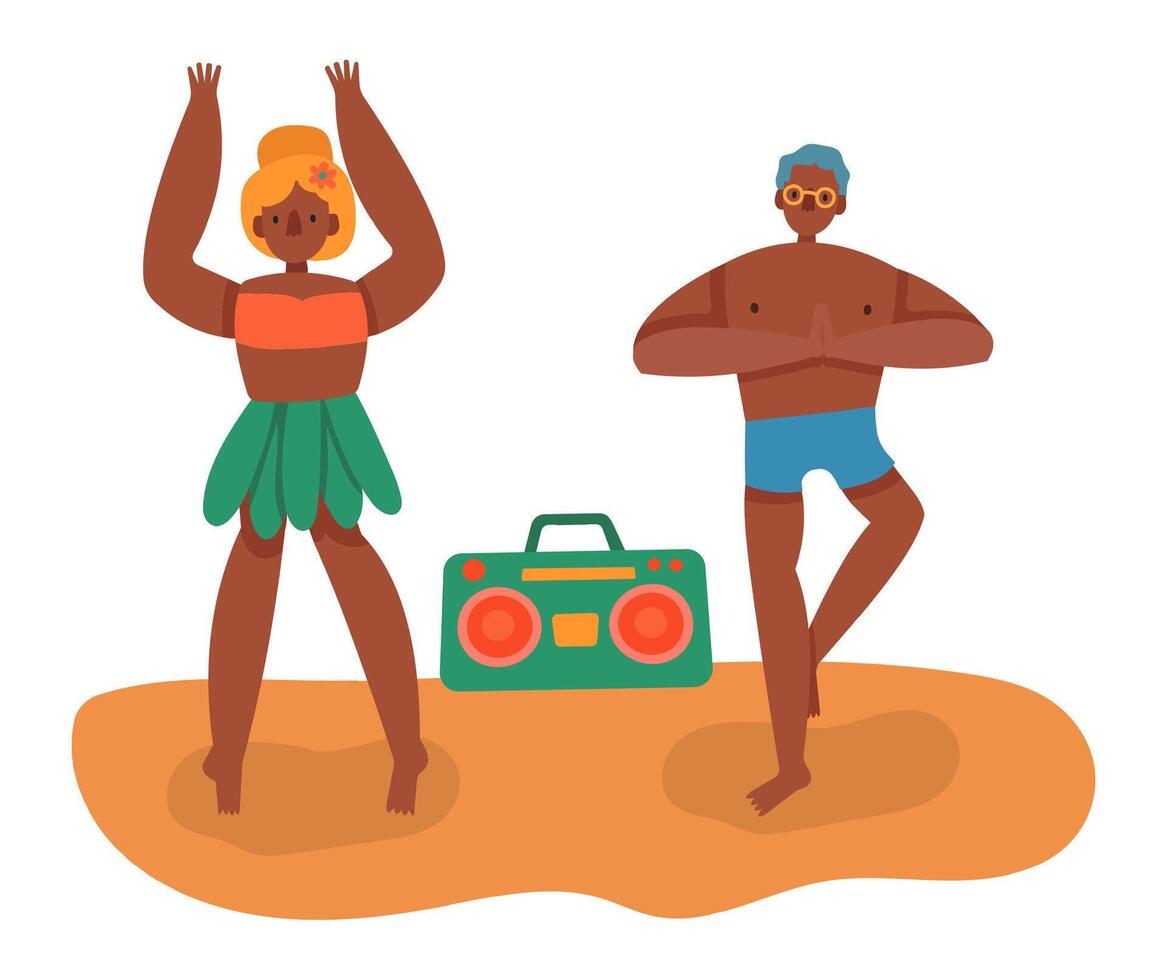 Young tourists enjoying summer holidays on the beach are practicing yoga and dancing joyfully to the tunes from a vintage boombox, embracing the carefree spirit of vacation vector
