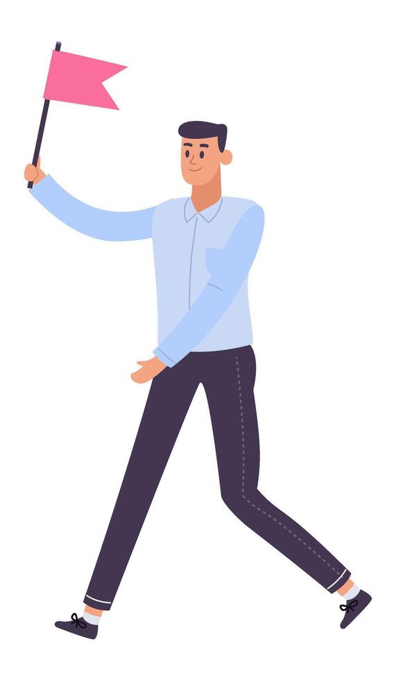 Young manager walking while holding a pink flag, symbolizing leadership, success, and motivation in a professional business environment vector