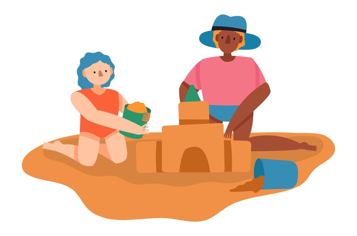 Two children sitting on their knees on the beach, joyfully building a sandcastle during summer holidays, playing together with colorful sand toys under the warm sun vector