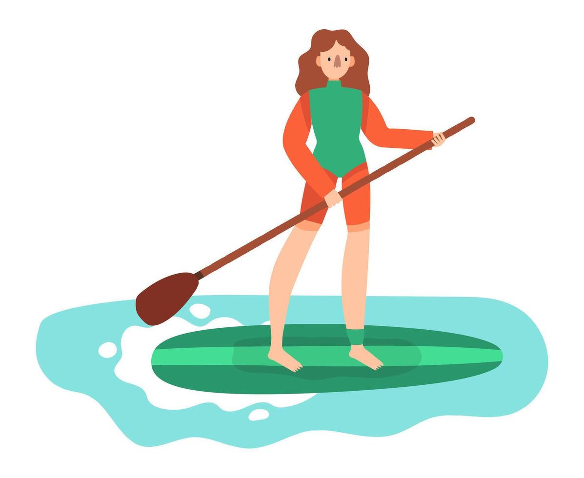 Young woman paddling on a stand up paddle board surfing in the sea, enjoying summer vacation on the beach, water activities and sports concept vector