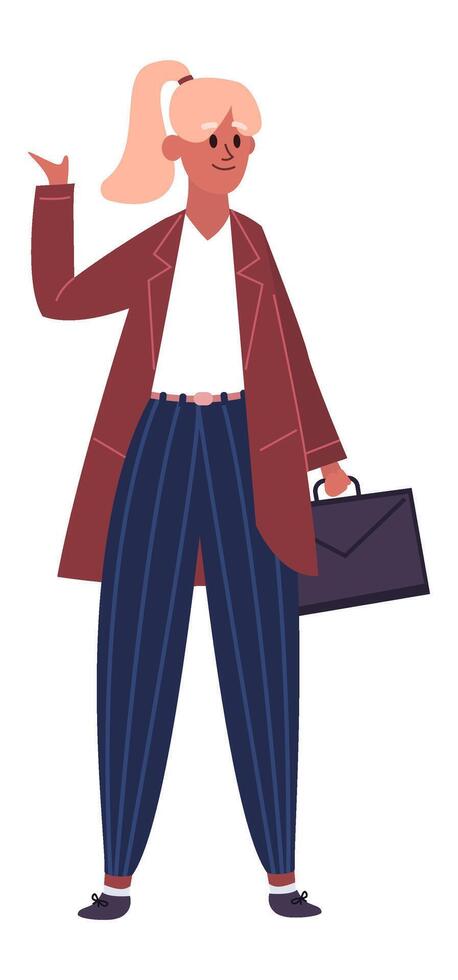 Smiling businesswoman with ponytail, wearing elegant office outfit, holding briefcase and waving, representing career, professionalism and success vector