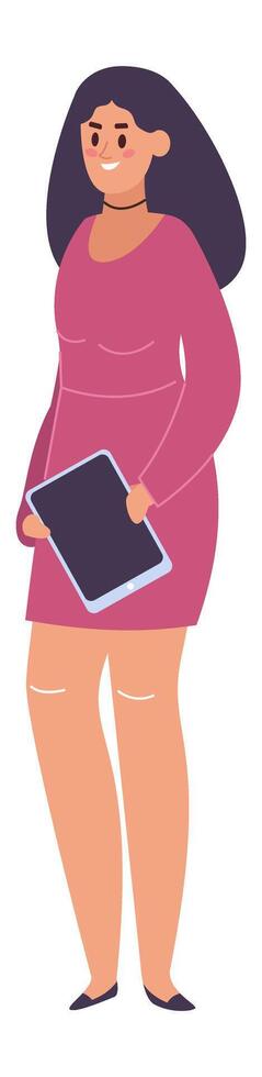 Smiling businesswoman standing confidently in a pink dress while holding a tablet, showcasing a full body portrait against a clean white background, exuding professionalism and positivity vector