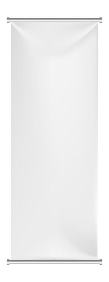 Realistic white fabric banner hanging from a metallic frame, perfect for showcasing your design or message in advertising and presentations, isolated on a white background vector