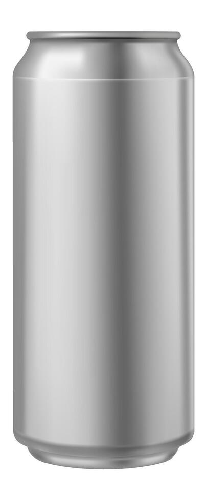 Realistic aluminum can featuring a sleek silver finish, offering a clean and versatile canvas for displaying beverage or product branding in a modern and minimalistic style vector