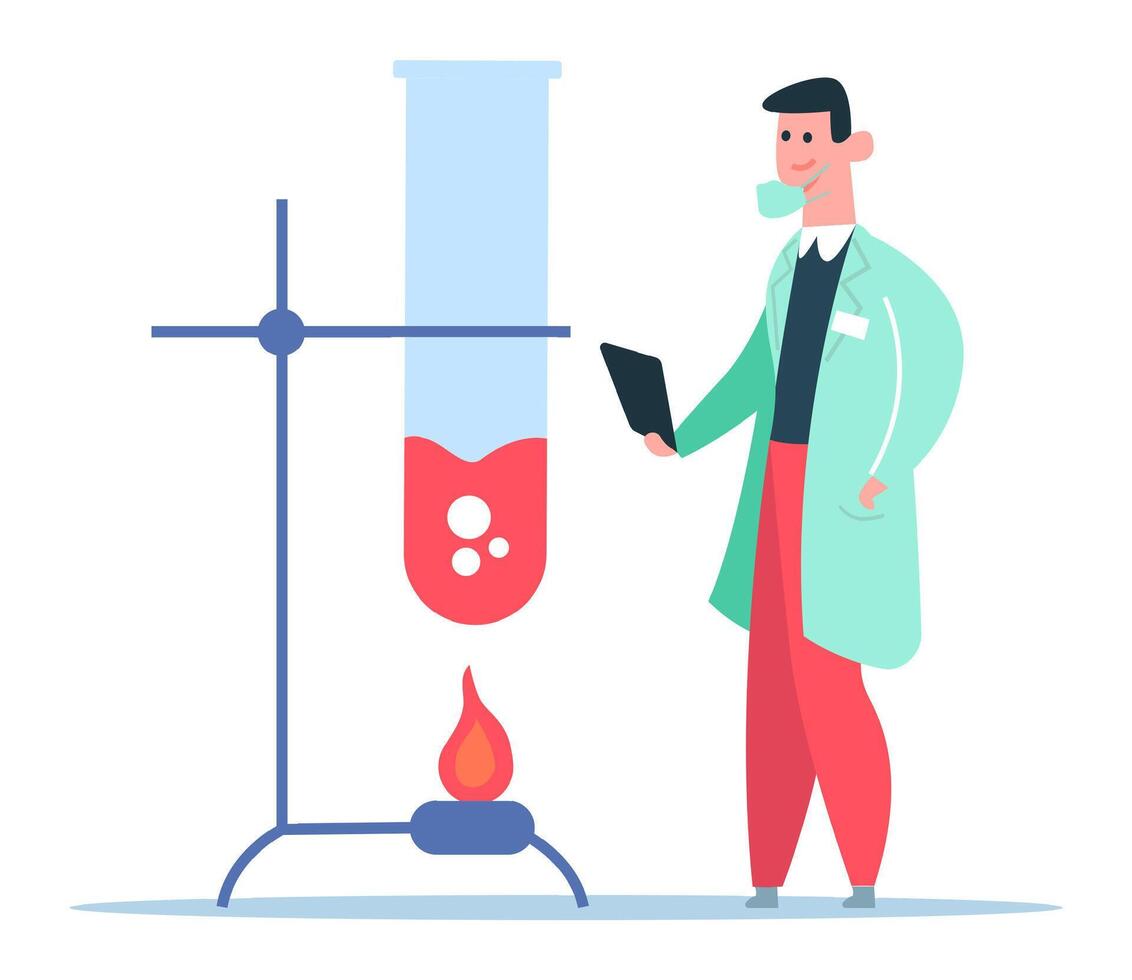 Laboratory technician wearing lab coat and mask, heating a test tube containing a red boiling liquid with a bunsen burner and taking notes on a tablet, conducting scientific experiment vector